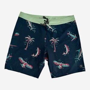 Roark Revival Swim Trunks Men's Medium Navy Tropical Fish Palm Tree Board Shorts